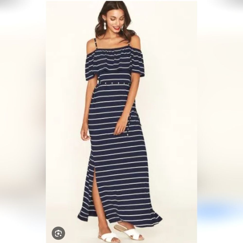 Halston Navy Stripe Maxi Off Shoulder Dress Size 8